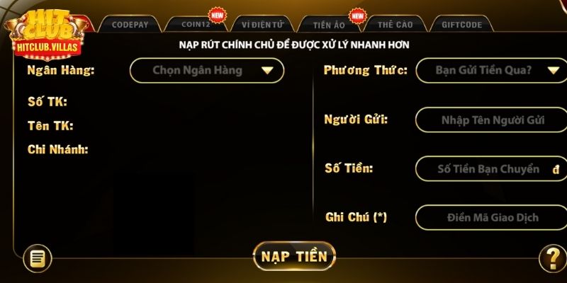 Chuyển số dư vào game Hit Club qua ngân hàng